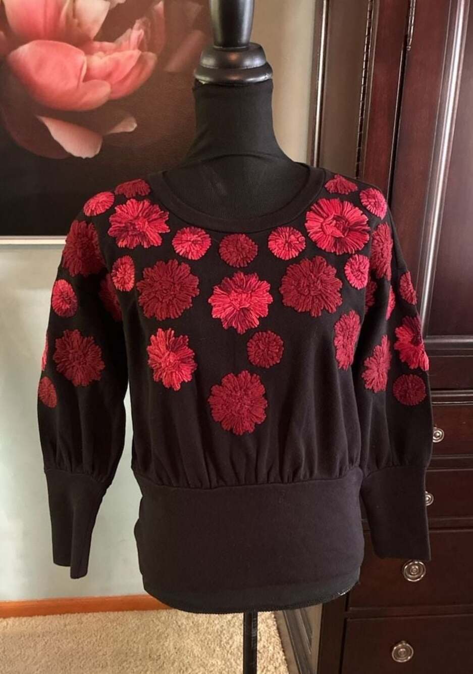 Maeve by Anthropologie Black Floral Embroidered Long Sleeve Sweatshirt Sz S A732